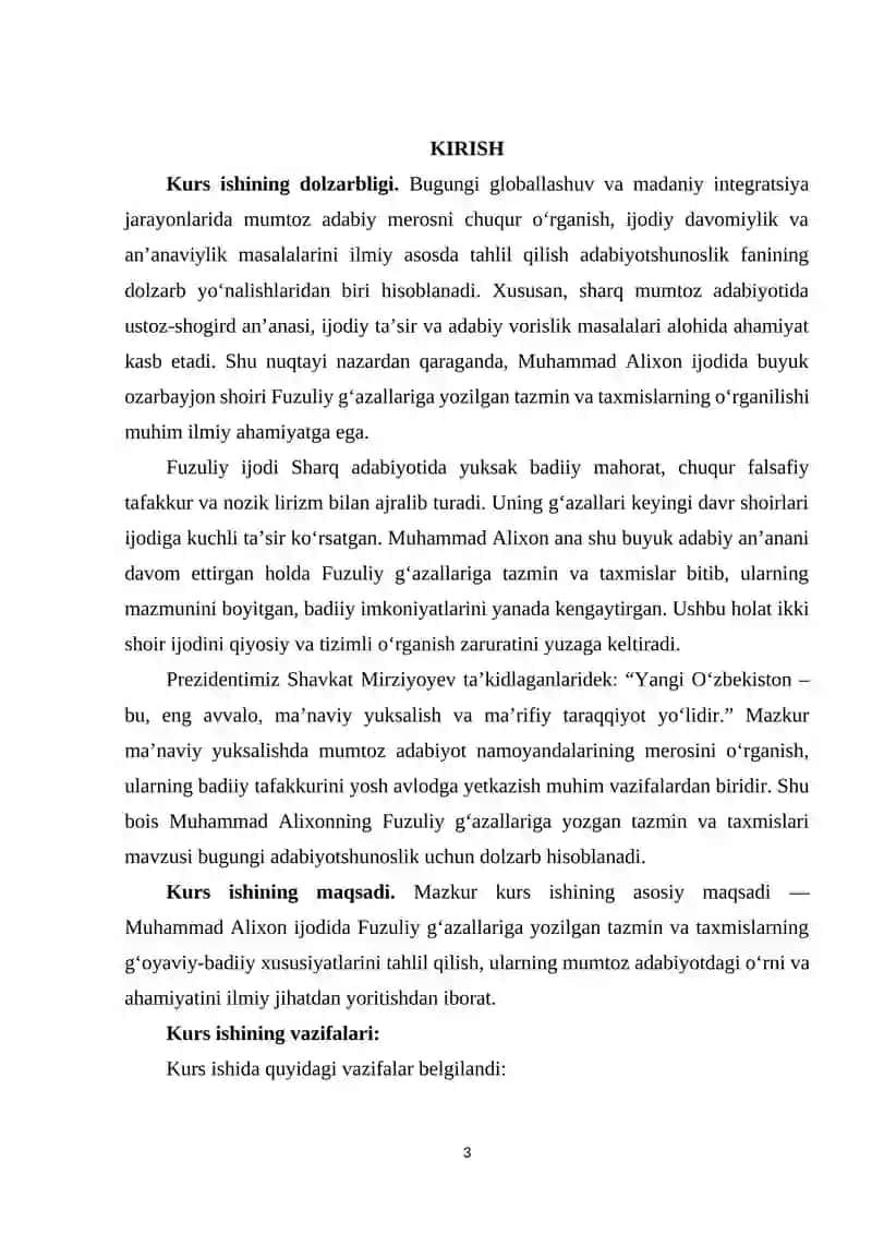 Muhammad Alixonning Fuzuliy gʻazallariga tazmin va taxmislari. 3
