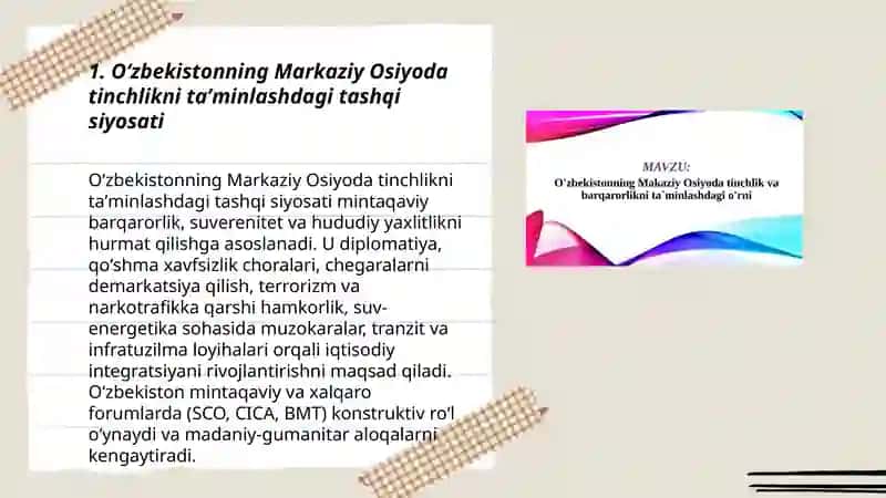 Oʻzbekistonning markaziy Osiyoda tinchlik va barqarorlikni taminlashdagi urni 3