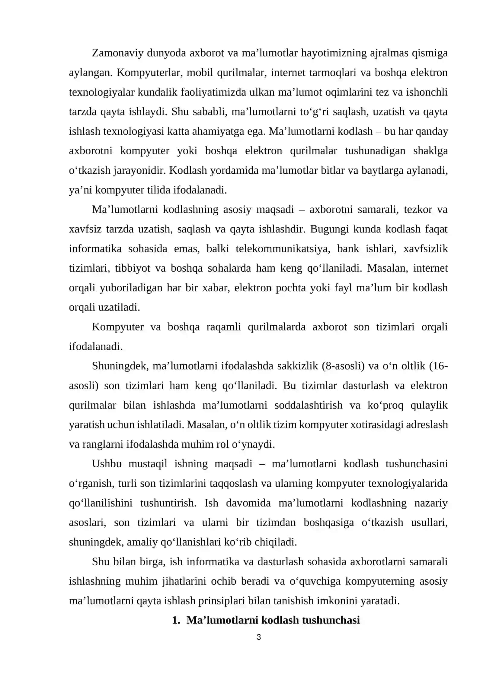 MA’LUMOTLARNI KODLASH VA SON TIZIMLARI (IKKILIK, SAKKIZLIK, O‘NLIK, O‘N OLTILIK) 3