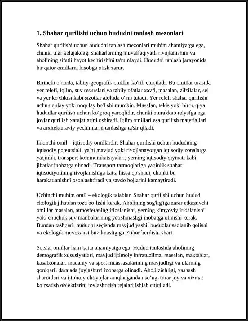 SHAHAR QURILISHI UCHUN HUDUD TANLASH VA ZONALARGA BO'LISH 3