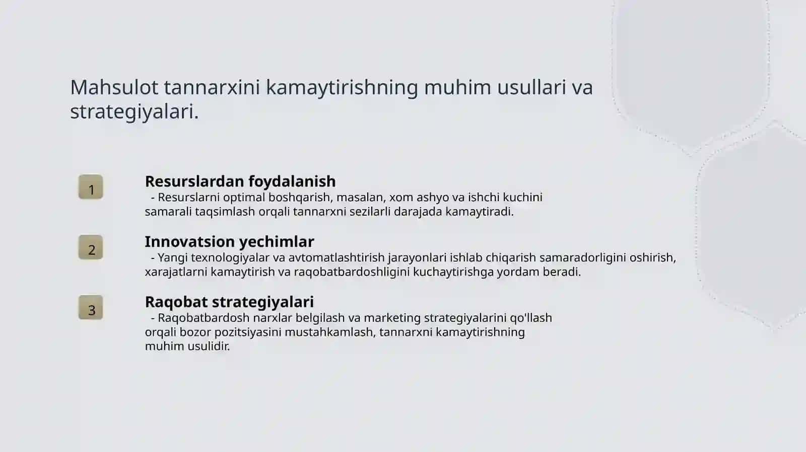 Mahsulot tan narxini kamaytirishning muhim usullari va strategiyalari 3