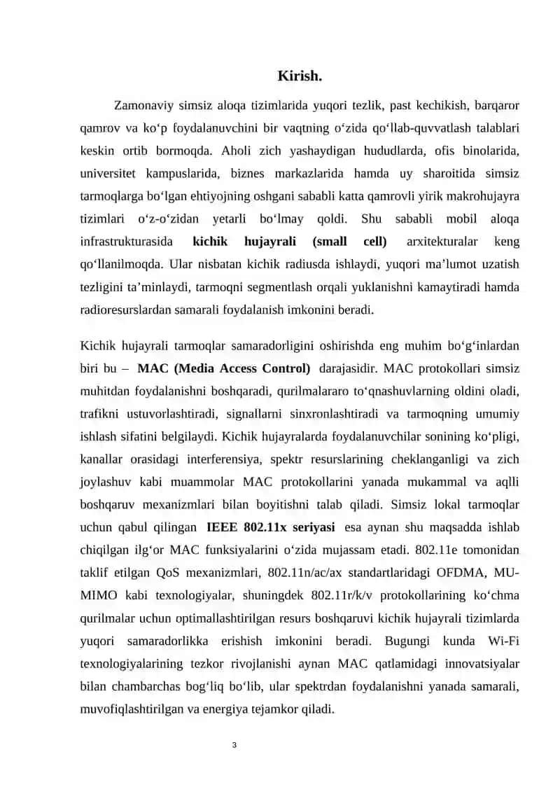 Kichik hujayrali tizimlar uchun ilg‘or MAC protokollari: IEEE 802.11x seriyasi 3