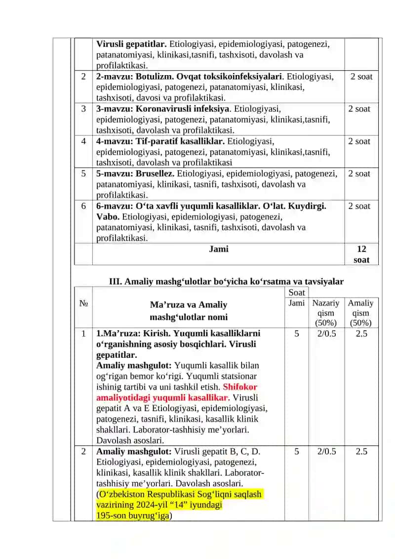 "YUQUMLI KASALLIKLAR" MODULIDAN ISHCHI O‘QUV DASTURI 3