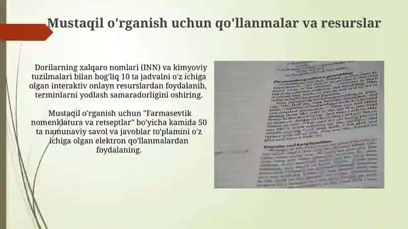 Farmasevtik atamashunoslik va retseptura boʻyicha kontrol ishga tayyorgarlik uchun mustaqil ishi 3