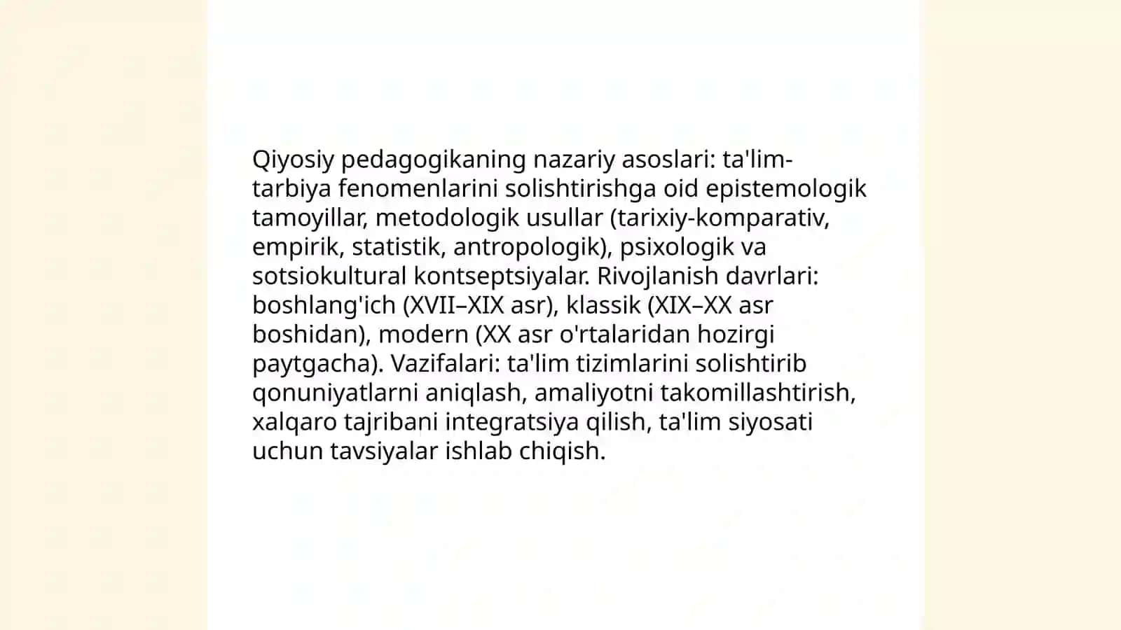 Qiyosiy pedagogika fani taraqqiyotining davriy xususiyatlari mazmuni vazifalari 3