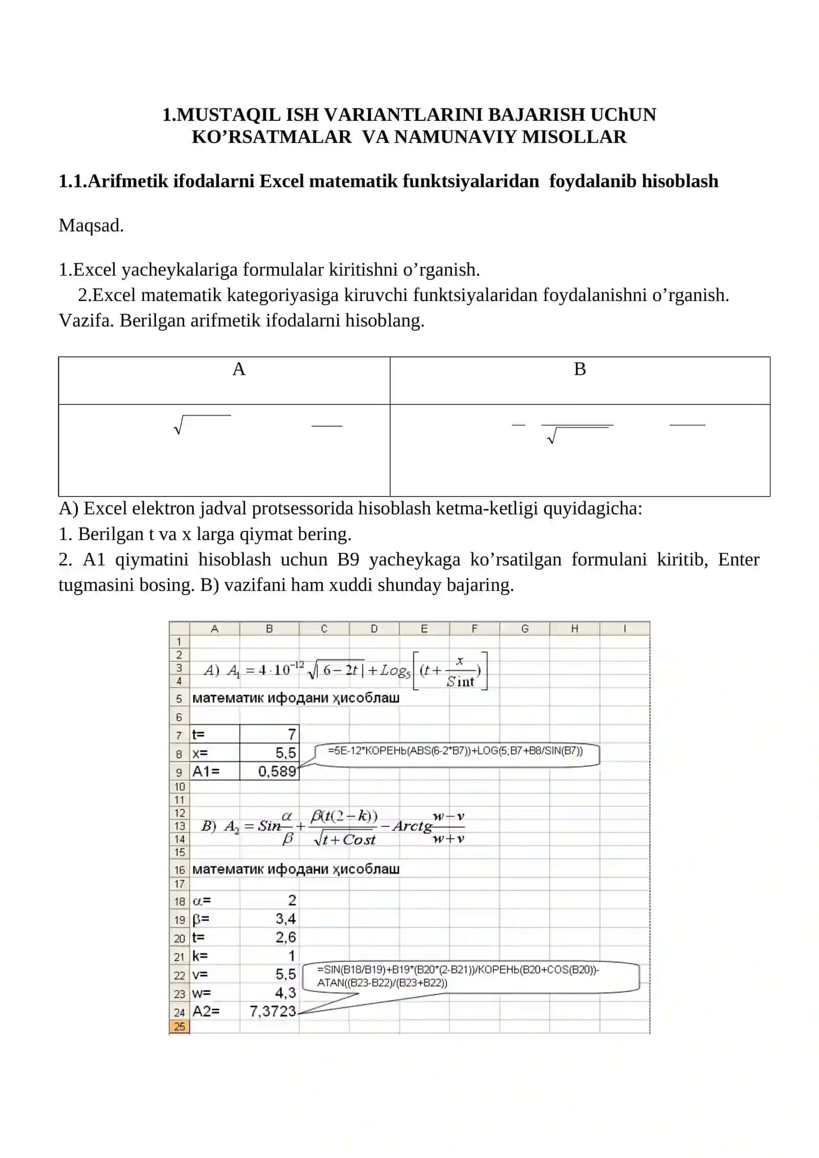 INFORMATIKA FANIDAN MS EXCELDA MUSTAQIL DARS MASHG’ULOTLARI UCHUN MISOL VA MASALALAR VARIANTLARI TO’PLAMI 3