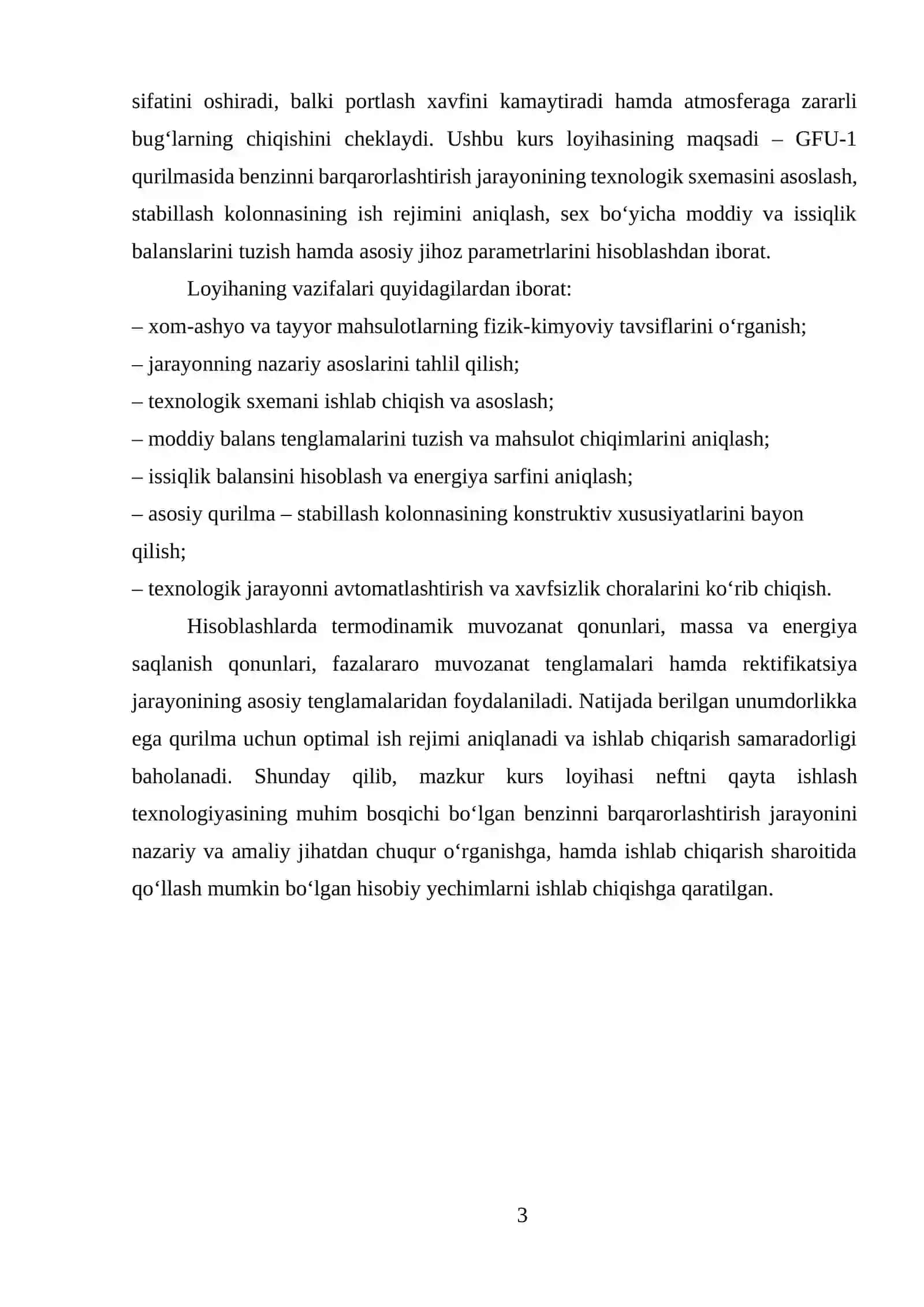 Unumdorligi G=62050 kg/soat bo'lgan GFU-1 qurilmasining benzinni barqarorlashtirish va C₅ va undan yuqori fraktsiyani ajratish sexini moddiy va issiqlik xisoblarini bajaring. Asosiy qurilma stabillash kolonnasi. 3
