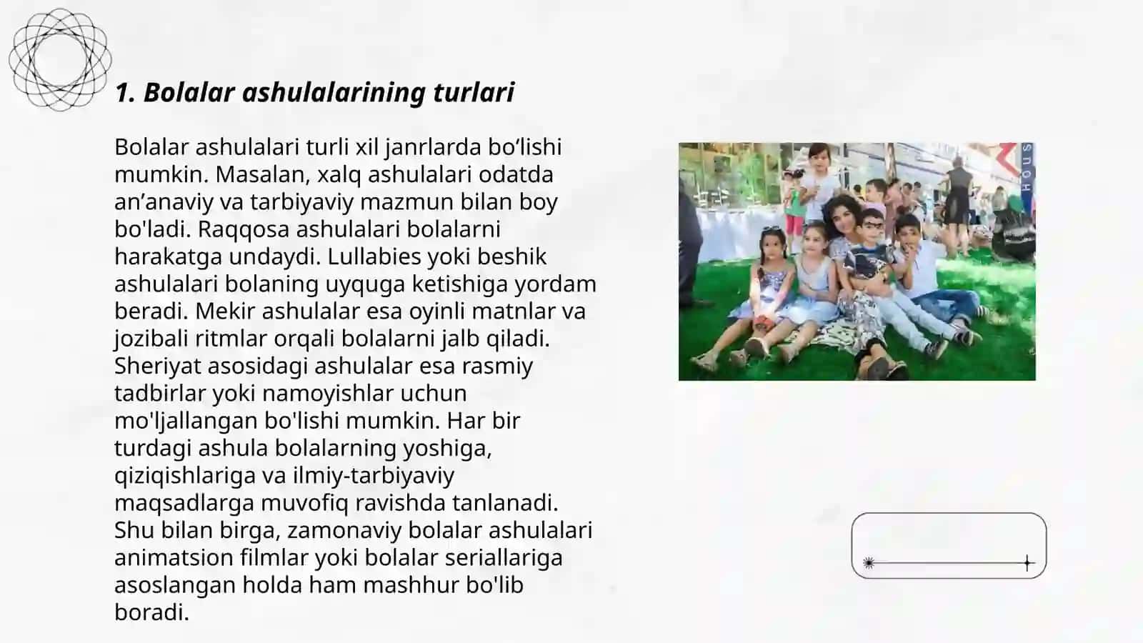 Bolalarni ashula aytish musiqa tinglash va musiqiy ritmik harakatlarni oʻrgatish 3