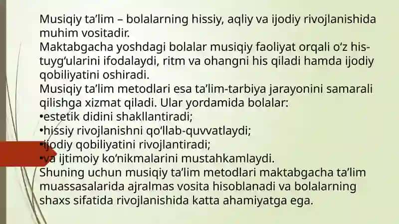 Musiqiy faoliyat turlari. Ta'lim-tarbiya jarayonida musiqiy ta'lim metodlarining o'rni 3