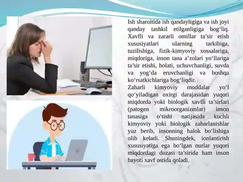 Ishlabchiqarish korxonalarida ishlayotgan ishchilarni organizmiga xavfli vazararli omillar ta'siri 3