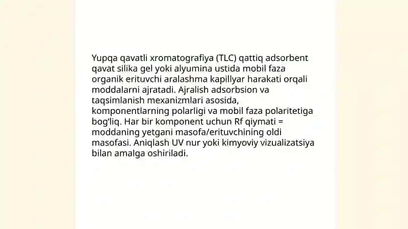 Yupqa qavatli xromatografiya usullari yordamida moddalar analizi 3