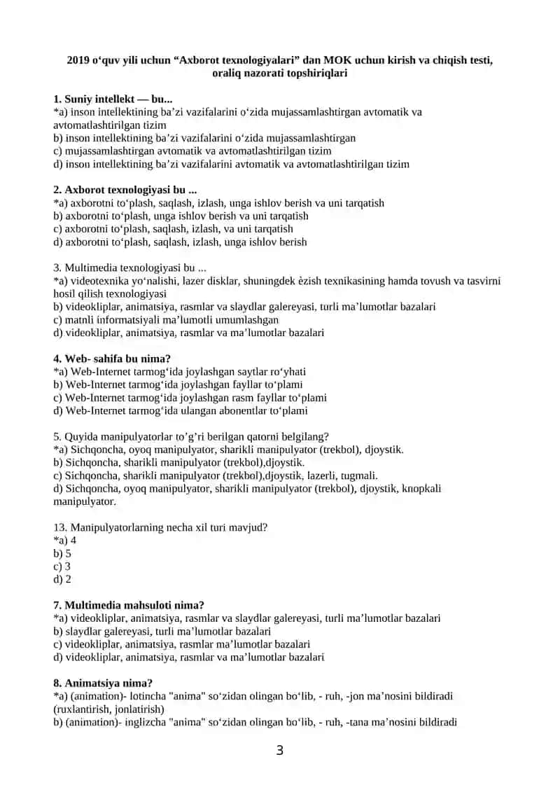 TA’LIMDA ZAMONAVIY AXBOROT-KOMMUNIKATSIYA TEXNOLOGIYALARI MODULI BO’YICHA BARCHA MALAKA OSHIRISH KURSI TINGLOVCHILARI UCHUN TESTLAR TO’PLAMI 3