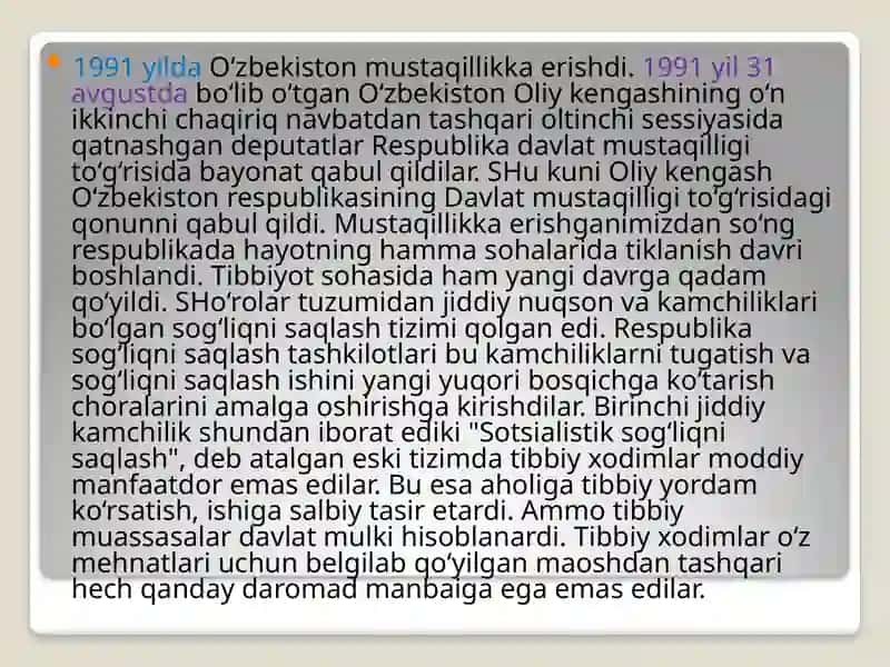Mustaqillik yillarida sog'liqni saqlash sohasining rivojlanishi 3