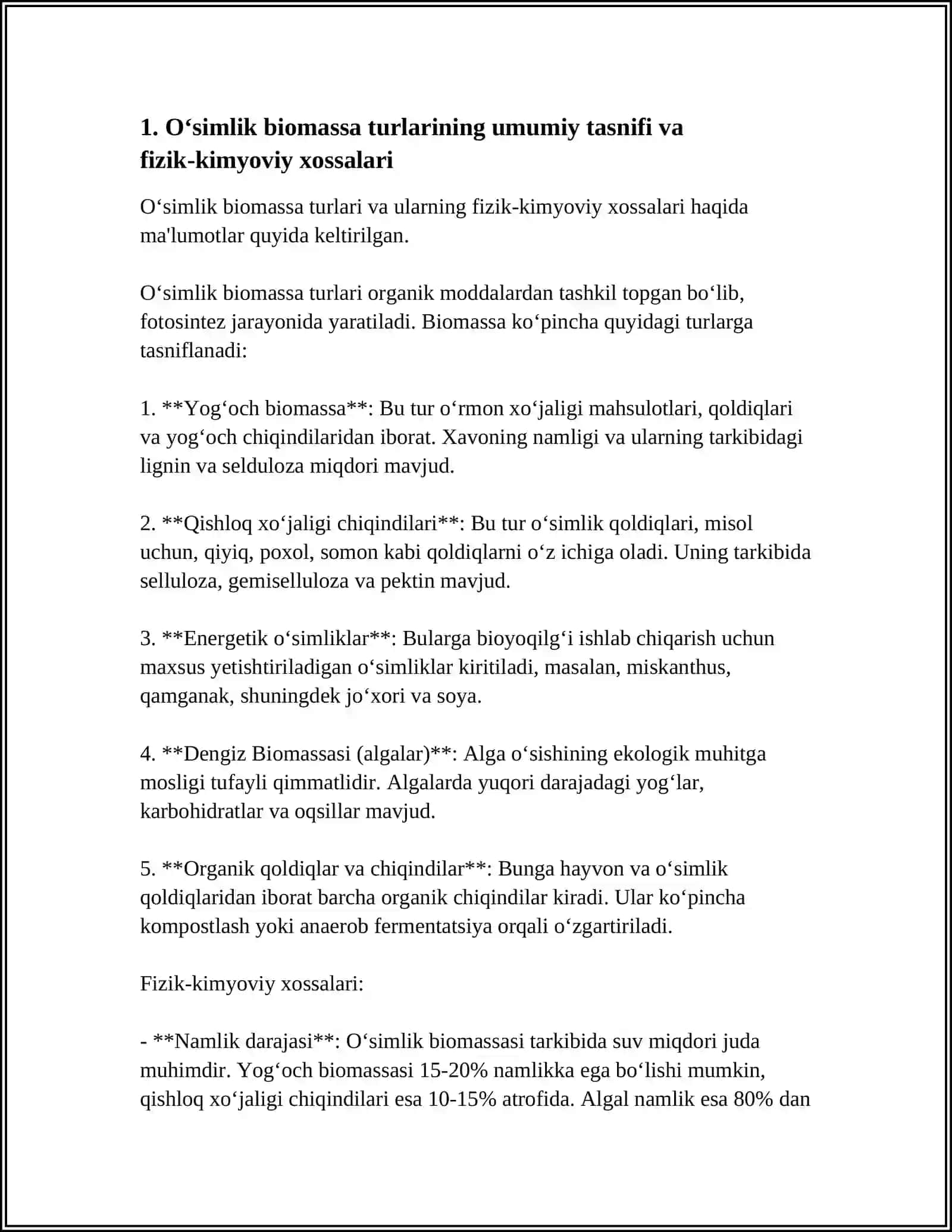 OʻSIMLIKLAR BIOTEXNOLOGIYASI FANI BIOMASSA TURLARI FIZIK KIMYOVIY XOSSALARI 3