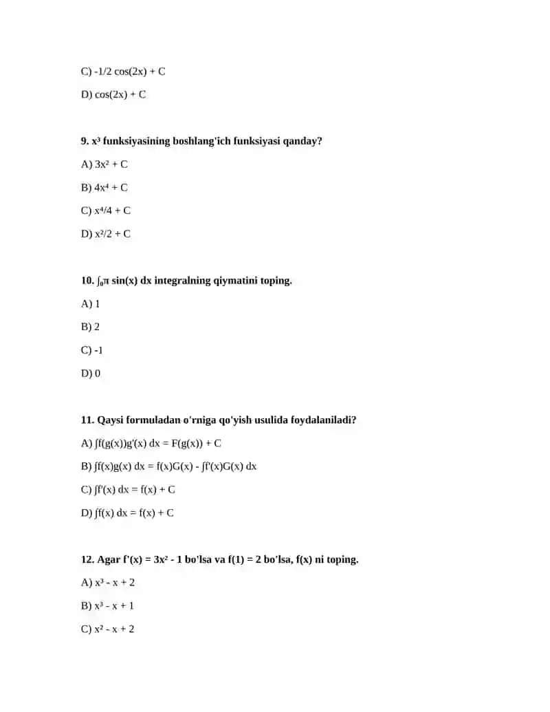 Boshlangʻich funksiya va integral mavzusida 20 talik test.2 ta vatiant 3