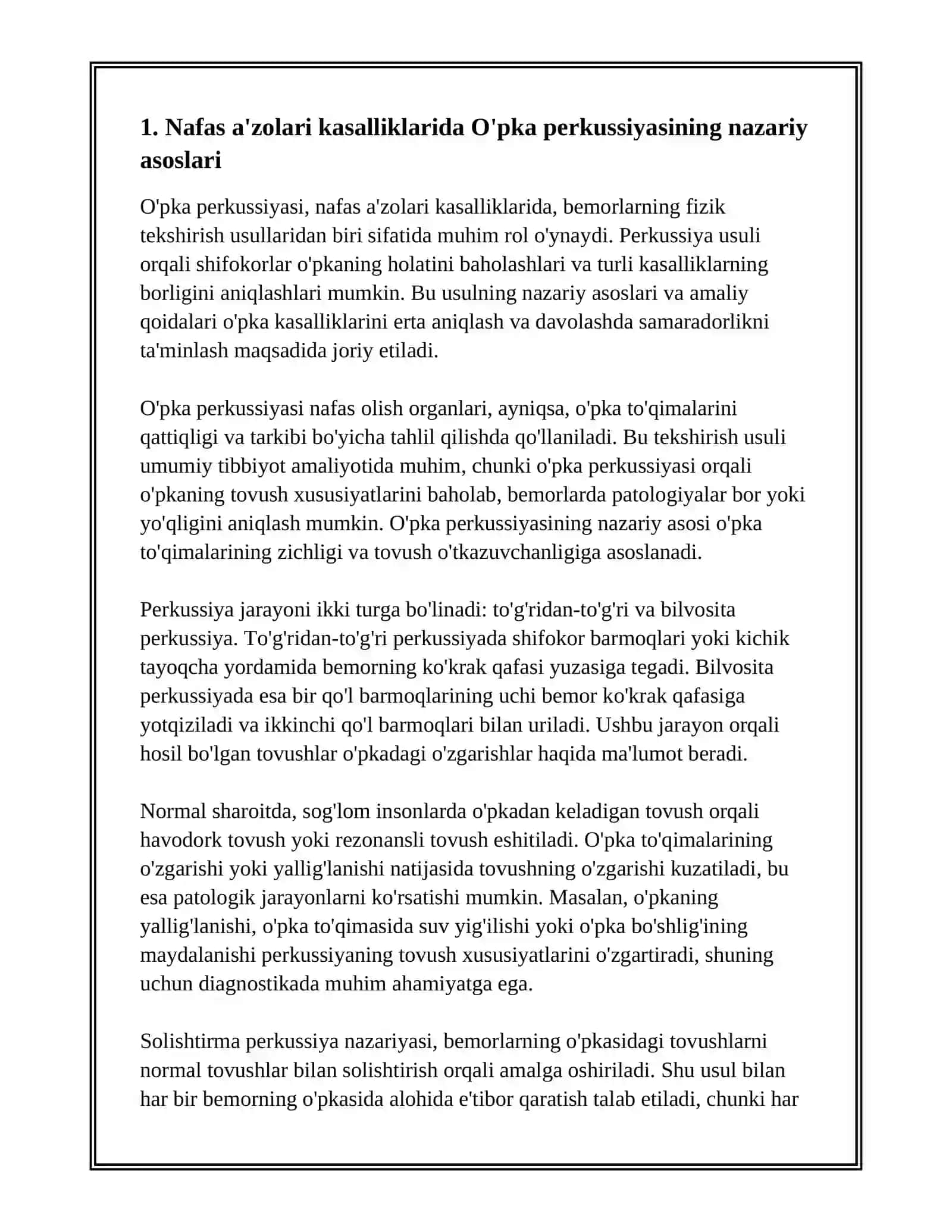 NAFAS AʼZOLARI KASALLIKLARI BILAN KASALLANGAN BERMORLARNI FIZIKAL TEKSHIRISH USULLARI:ÓPKA PERKUSSIYASI,QOIDALARINI BACHARISH.SOLISHTIRMA PERKUSSIYA 3