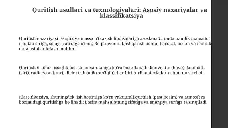 Quritish usullari va texnologiyalari: Klassifikatsiya va asosiy nazariyalar 3