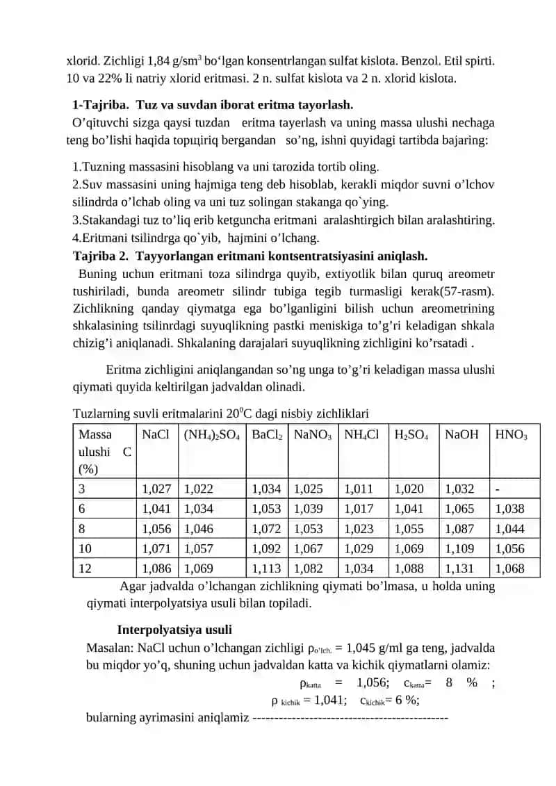 Eritma konsentratsiyasini zichlik orqali ifodalash 3
