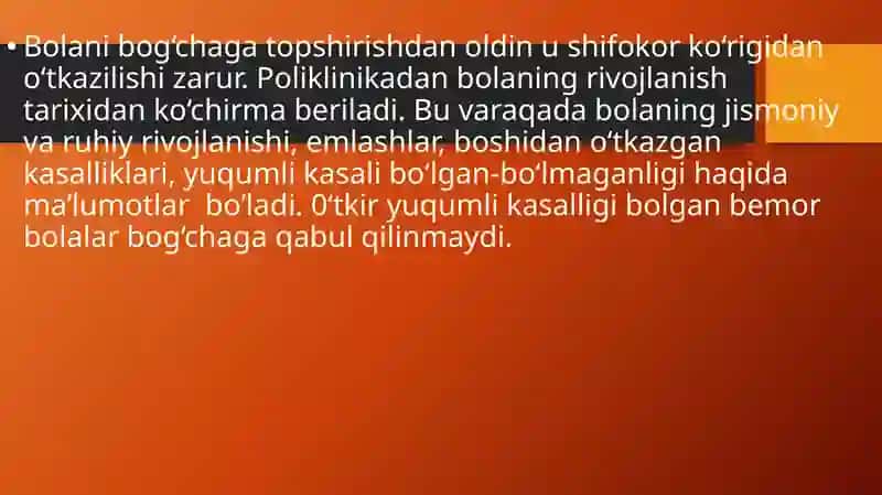 Maktabgacha bolgan bolalar muassasalari davlat tibbiy xizmatni ta'lim 3