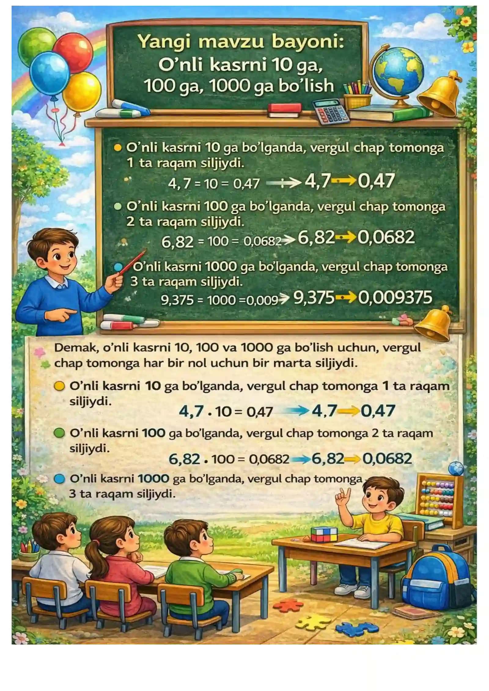 ​5-sinf Matematika: O'nli kasrlarni 10, 100, 1000 ga bo'lish (To'liq ko'rgazmali dars ishlanmasi) 3