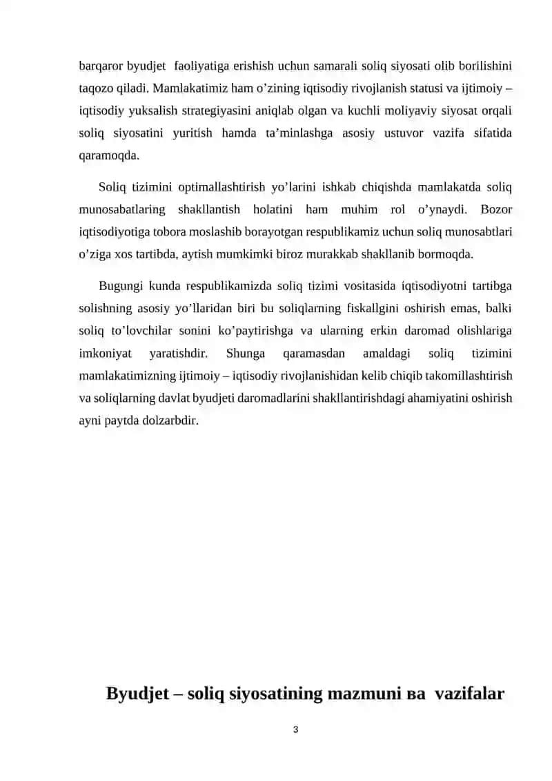 1.	Hozirgi sharoitda O’zbekiston Respublikasida byudjet – soliq siyosating ustuvor yo’nalishlari 3