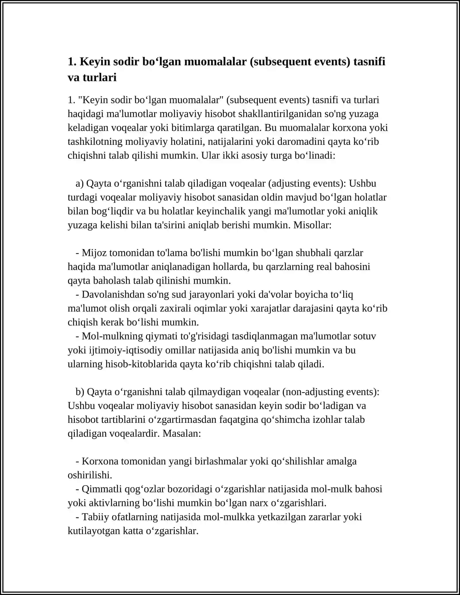 MOLIYAVIY HISOBOT TUZILGAN SANADAN SOʻNG SODIR BOʻLADIGAN MUOMILALAR AUDITINING XUSUSIYATLARI 3