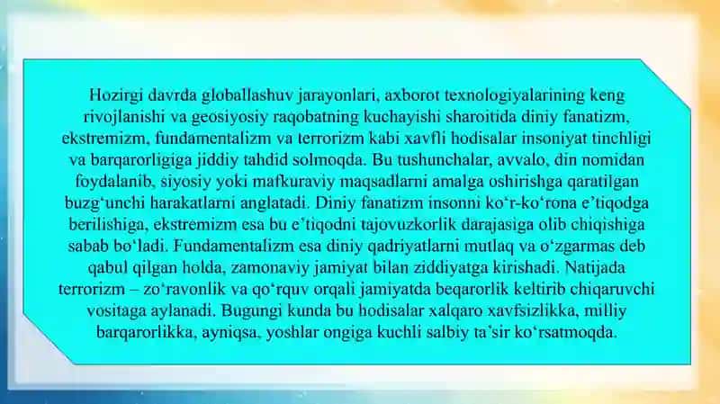 Diniy fanatizm, ekstremizm, fundamentalizm, terrorizmning tarixi va ularning hozirgi davrda xavfsizlikka tahdidi 3
