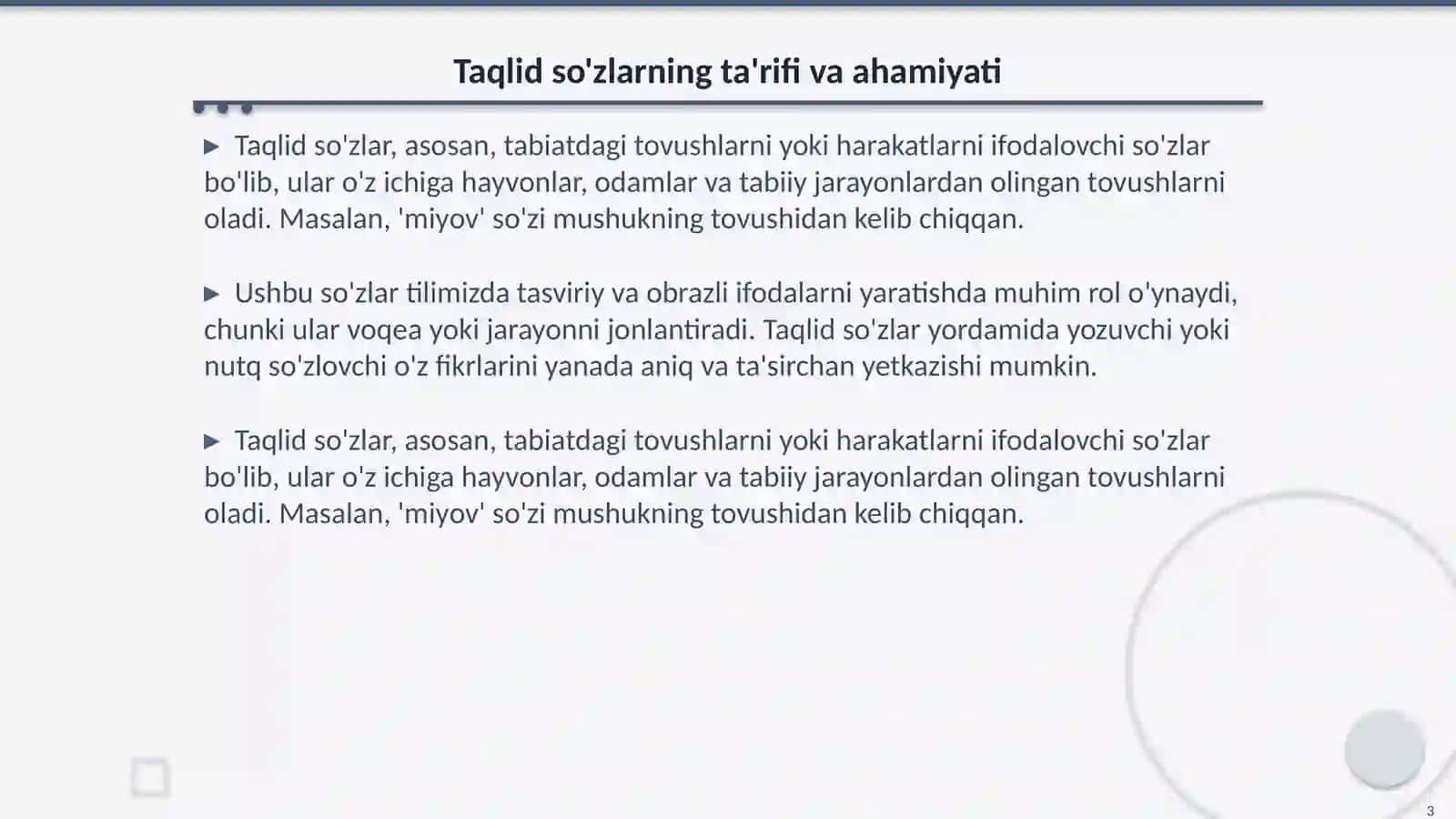 Taqlid so'zlar va ularning turlari. Ularning grammatik xususiyatlari 3