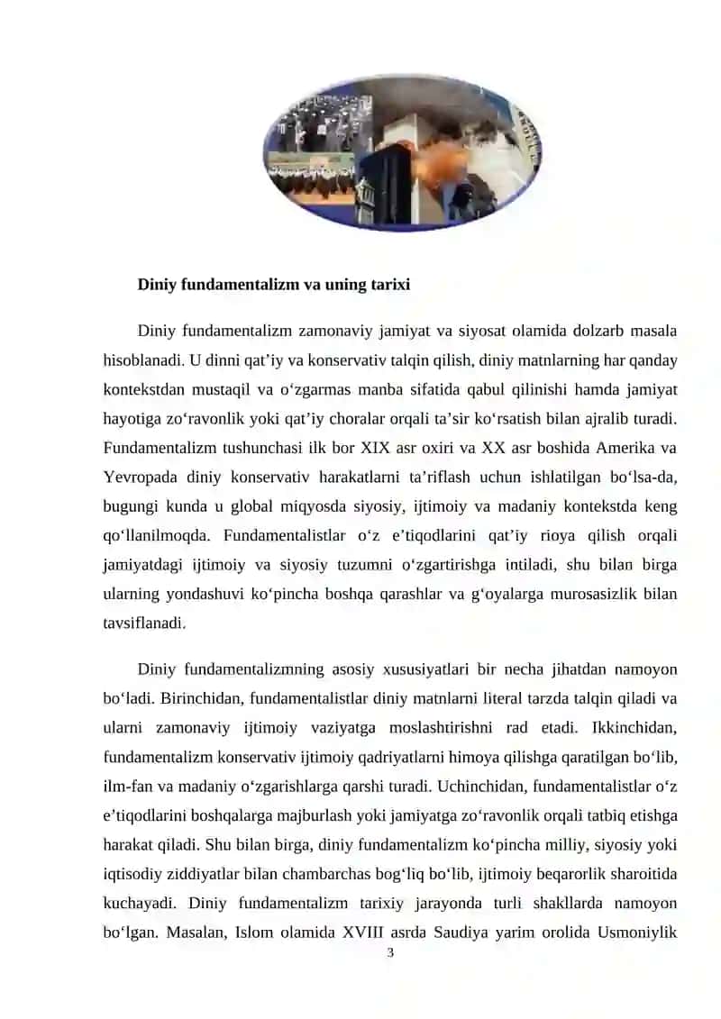 Diniy fundamentalizm, ekstremizm, radikalizm va terrorizmning tarixi va yo'nalishlari. 3