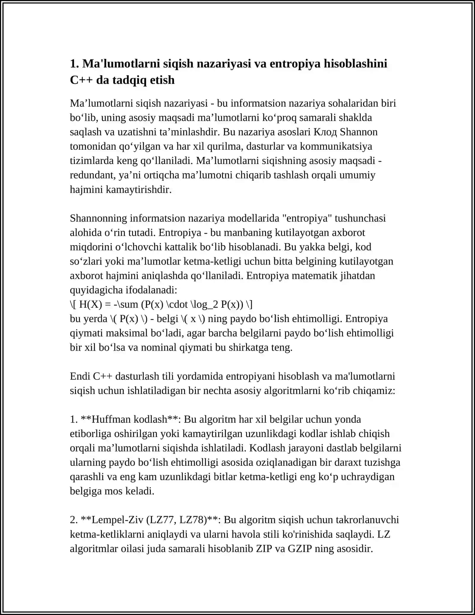 MA'LUMOTLARNI KOMPRESSIYALASH ALGORITIMLARNI C++ TILIDA TADQIQ ETISH 3