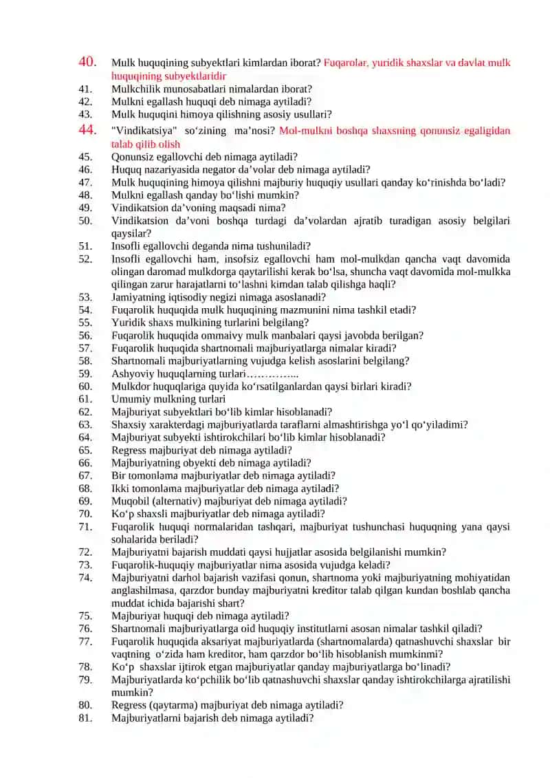 TIU KUNDUZGI TA’LIM TALABALARI UCHUN DAVLAT TILIDA «FUQAROLIK HUQUQI» FANIDAN TEST SAVOLLARI 3