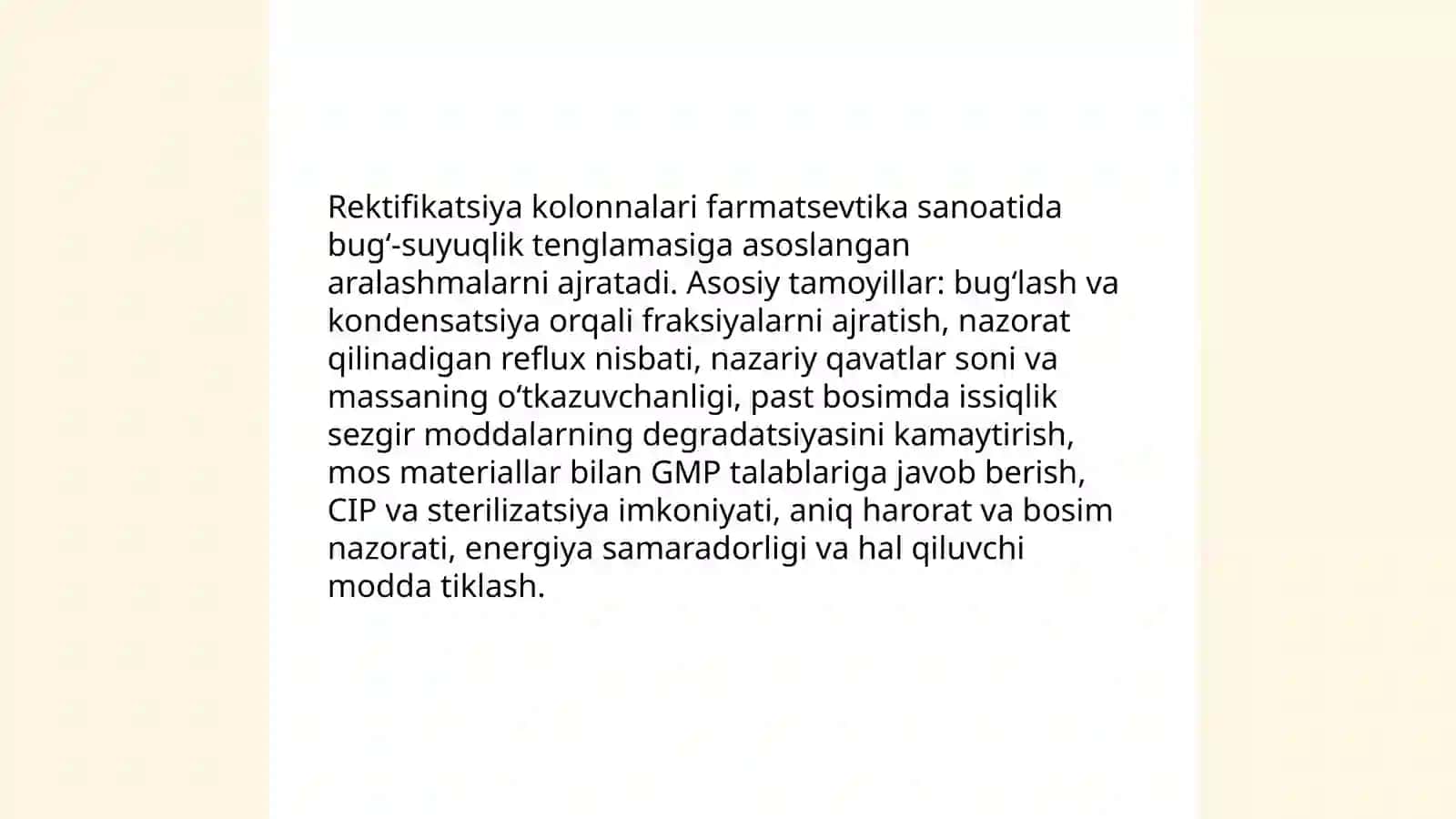 Zamonaviy rektifikatsiya kolonnalarining farmatsevtika sanoatida qo'llanilishi 3