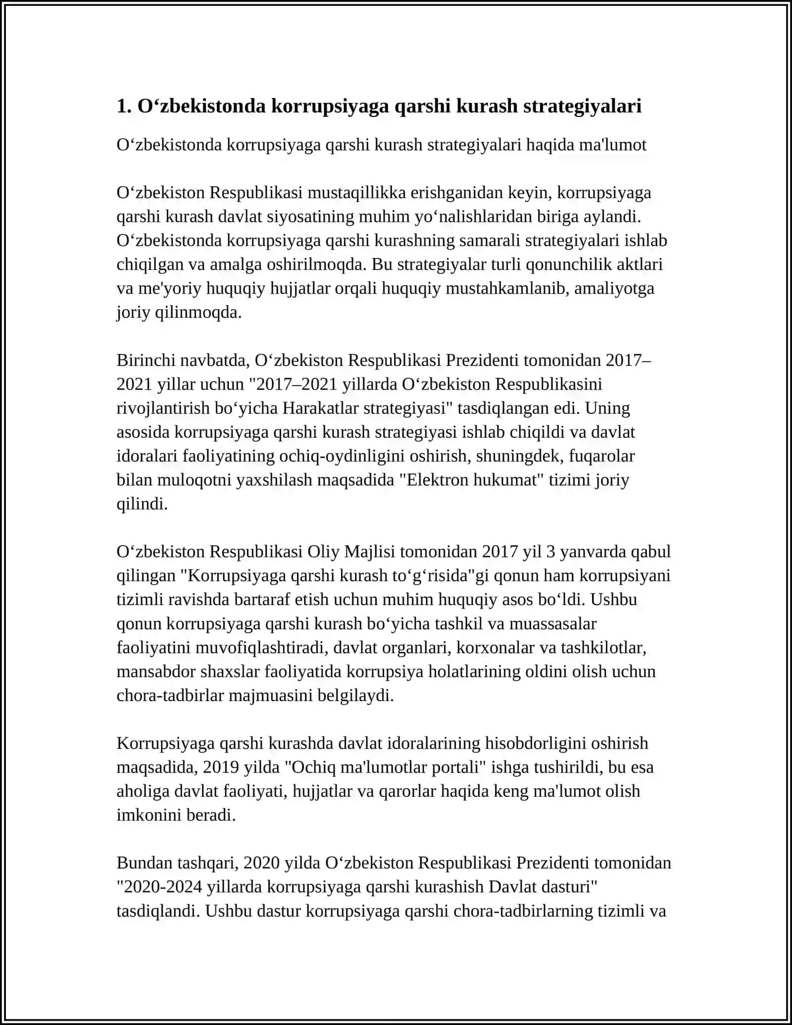 O‘zbekistonda Korrupsiyaga Qarshi Kurash Strategiyalari va Me’yoriy Asoslar Mavzusida Esse Yozish 3