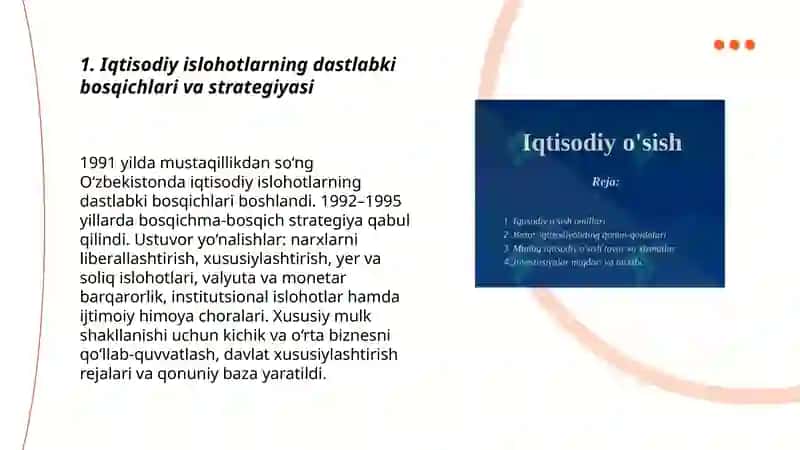 Iqtisodiy islohotlar, xususiy mulkchilikning shakllanishi. O’zbekistonda bozor munosabatlarining rivojlanishi 3