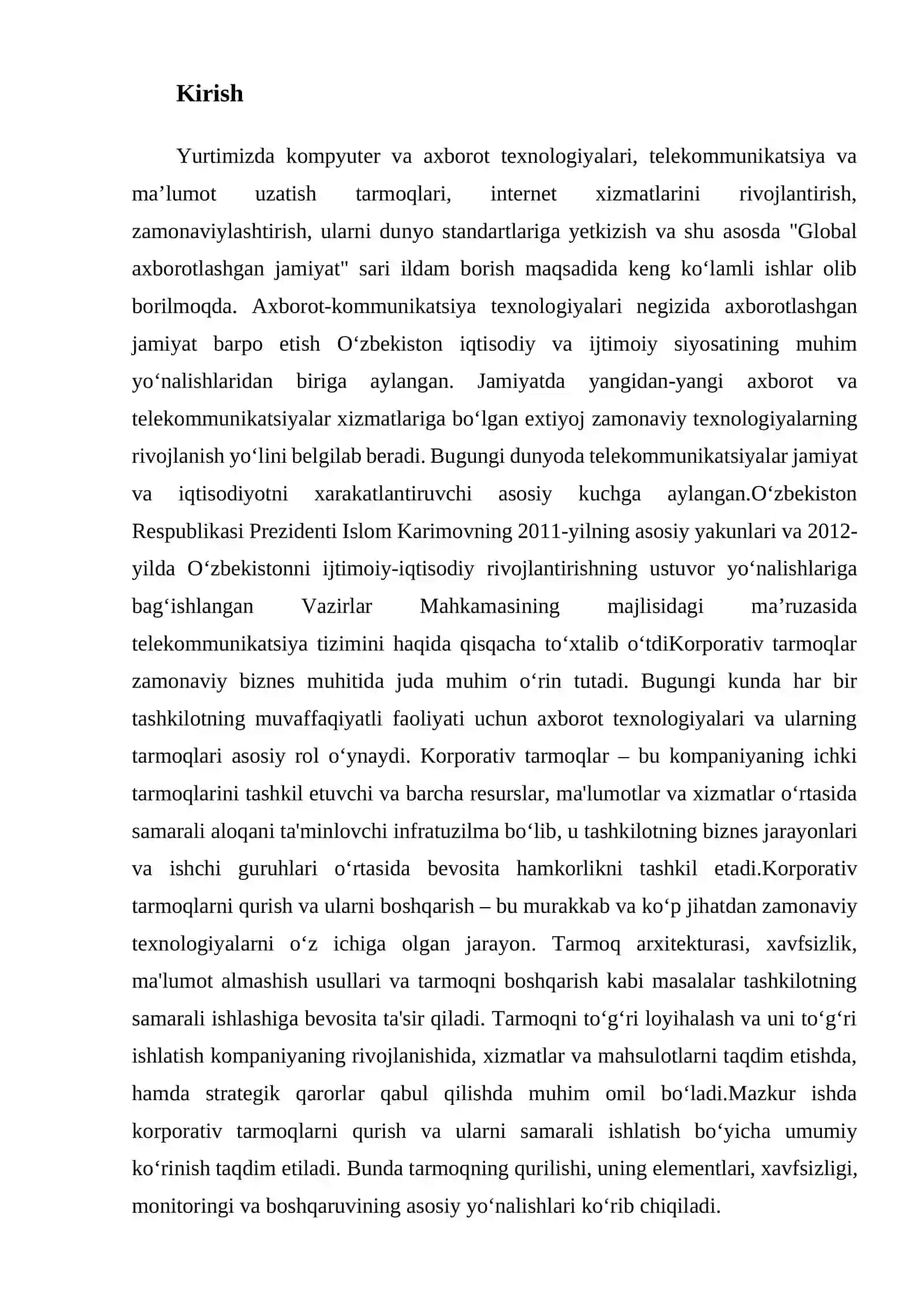 Ushbu malaka ishida Korporativ tarmoqlarni yaratish va ishga tushirish usullari tahlil qilinadi 3
