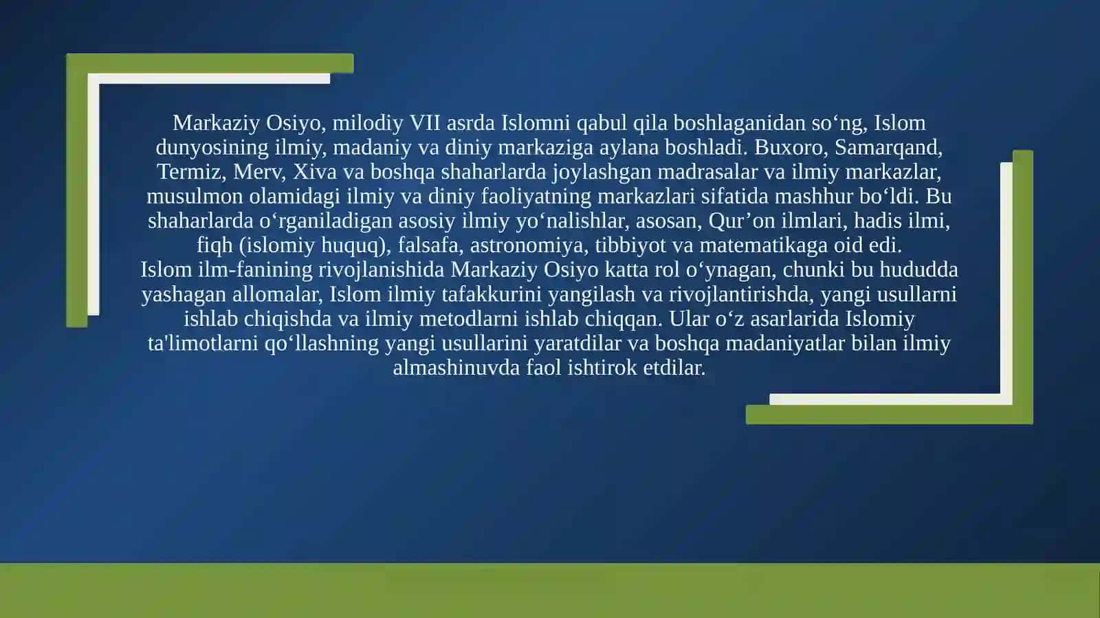 Markaziy Osiyo allomalarining islom ilmlariga qo’shgan hissasi va ularning ahamiyati 3