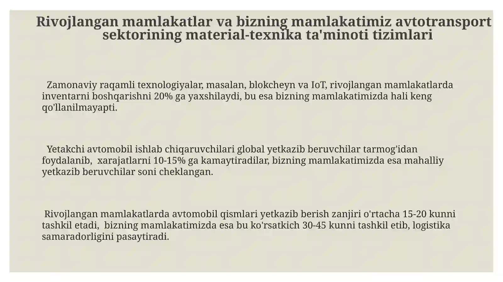 Chetdavlatlarvamamlakatimizavtomobiltransportidagimoddiytexniktaminottizimitarkiblari 3