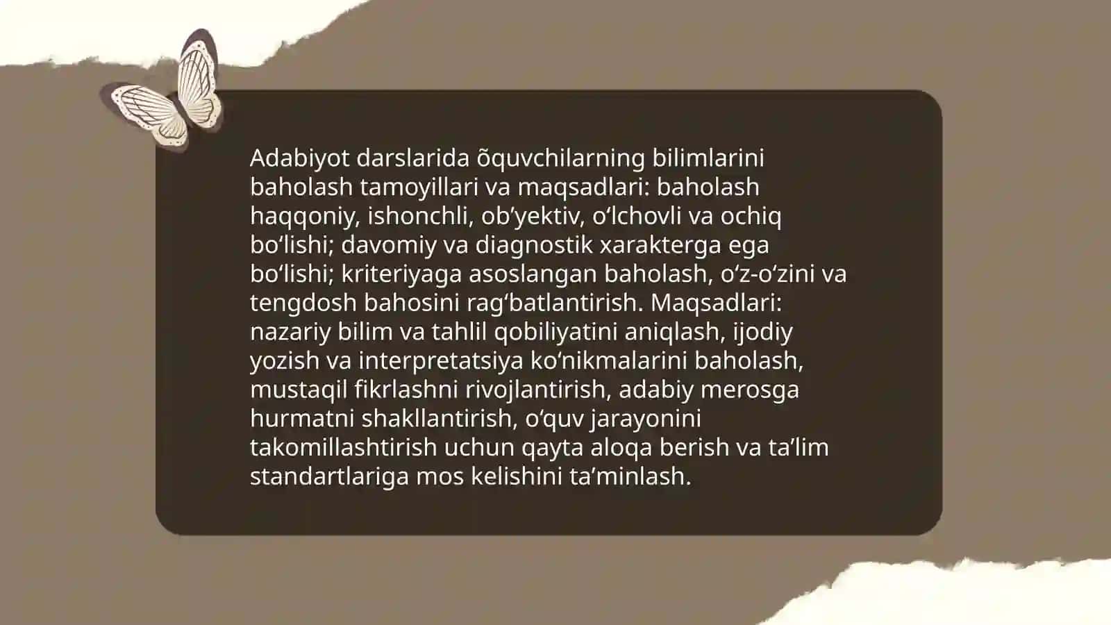 Adabiyot darslarida õquvchilarning bilimlarini baholash.Adabiyot õquv fanidan beriladigan uy vazifalari.Adiblar tarjimai holining berilishiga xos xususiyatlari.Adabiy ta'limda mustaqil fikrlashning ahamiyati.Mumtoz adabiyot namunalarini õrganish meto 3