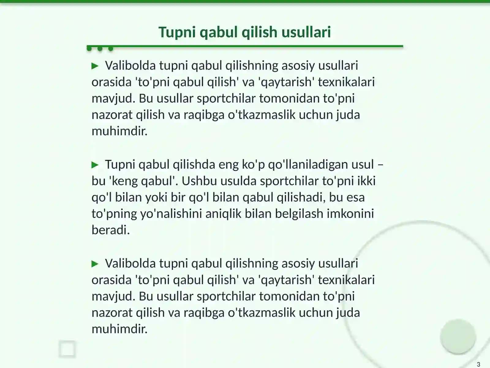 Valibol tupini qabul qilish va uzatish texnikasi 3