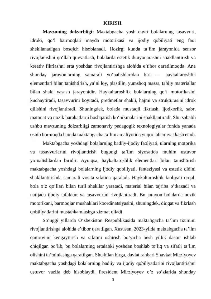 Haykaltaroshlik elementlari bilan tanishtirish bolalarning motorika va tasavvurlarini rivojlantirish 3