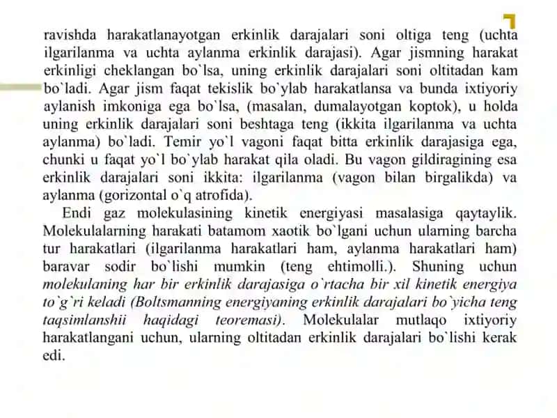 Enеrgiyaning mоlеkula erkinlik darajalari bo`yicha tеkis taqsimlanishi 3