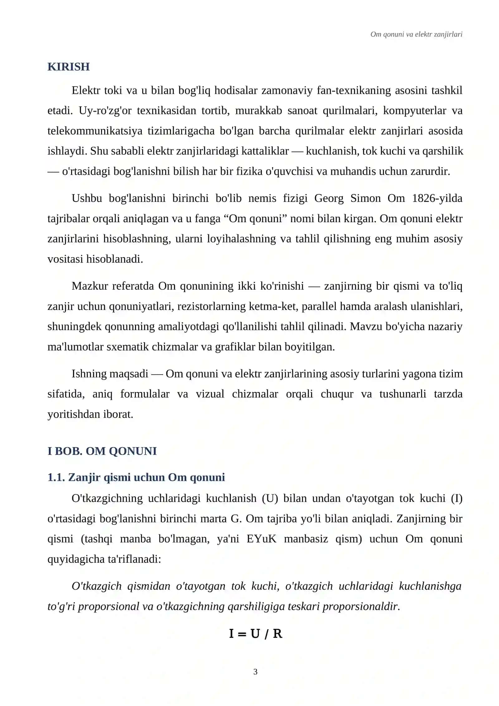 Om qonuni va elektr zanjirlari. Referat 3