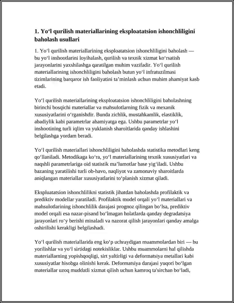 YO'L QURILISH MATERIALLARI VA MAHSULOTLARINING EKSPULATATSION ISHONCHLILIGINI BAHOLASH 3