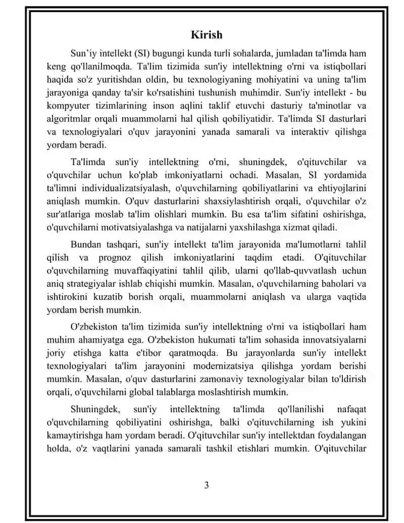 SUN’IY INTELLEKTNING TA’LIMDAGI O‘RNI VA ISTIQBOLLARI REFERAT 3