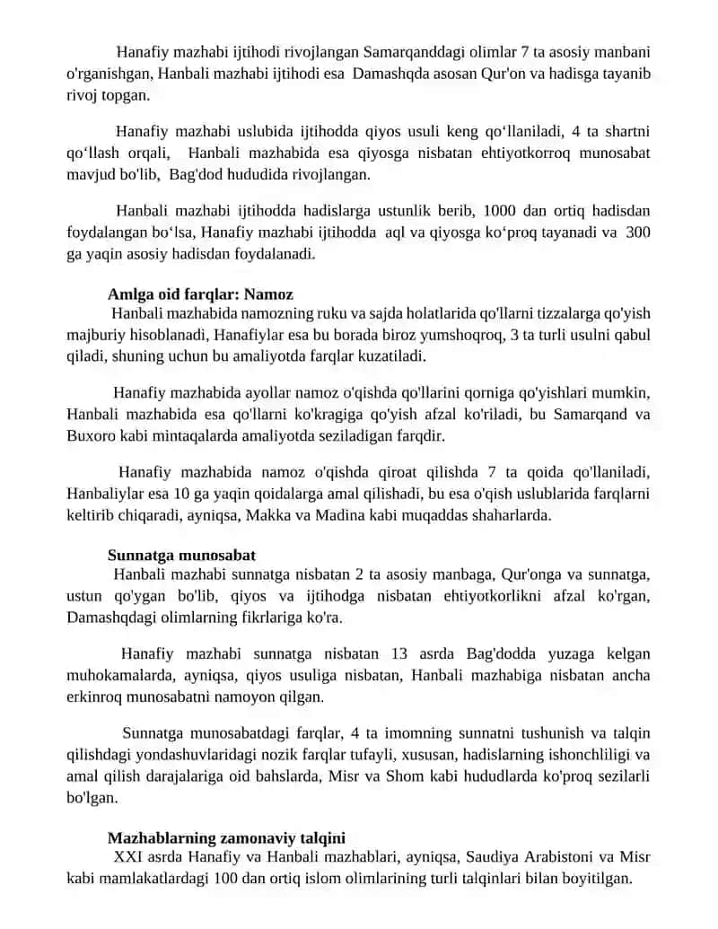 Hanafiylik Xanbaliylik mazhabining o'zaro farqlari 3