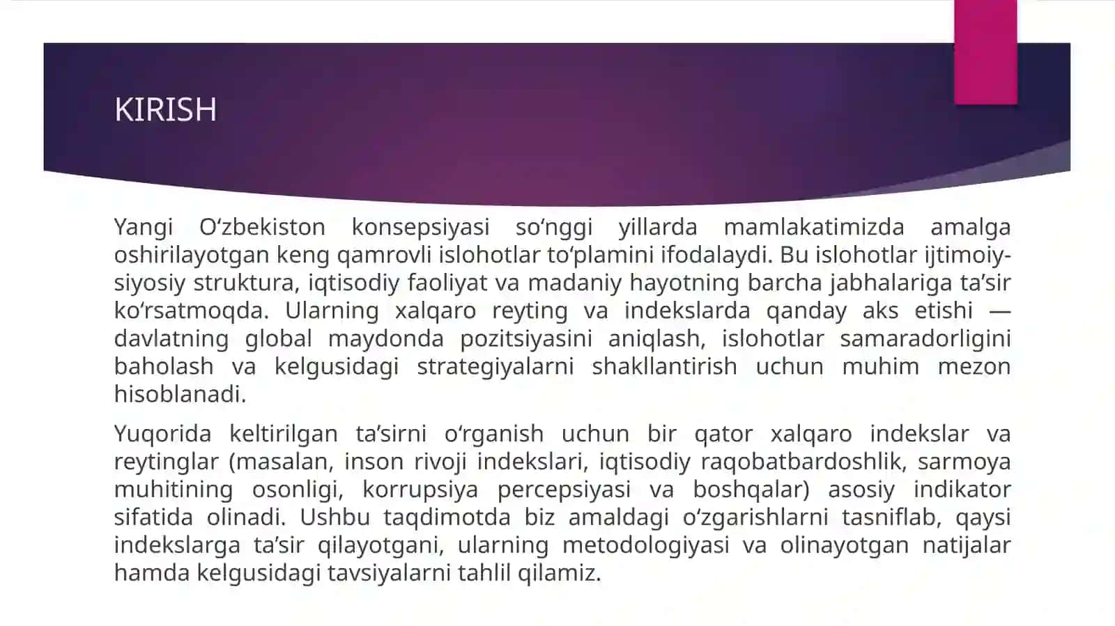 Yangi O'zbekiston ijtimoiy-siyosiy, iqtisodiy va madaniy hayotida ro'y berayotgan o'zgarishlarning xalqaro reyting va indekslarda aks etishi 3