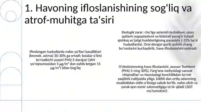 O'zbekistonda atmosfera havosini holati va uning musaffoligini saqlash chora tadbirlari 3