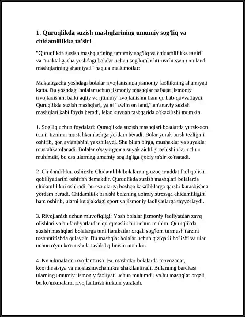 MAKTABGACHA YOSHDAGI BOLALAR UCHUN SOĞLOMLASHTIRUVCHI SWIM ON LAND MASHQLARI 3
