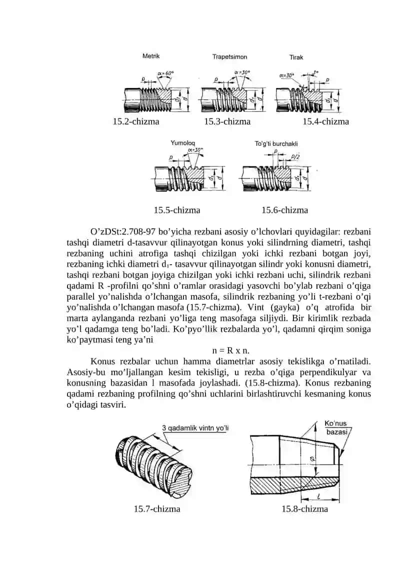 Rezbalarni chizmalarda  tasvirlanshi va belgilanishi O’z.DST 2.311-97.Standart biriktirish detallari. Rezbali detallar chizish.Chizmada tasvirlash va belgilash 3