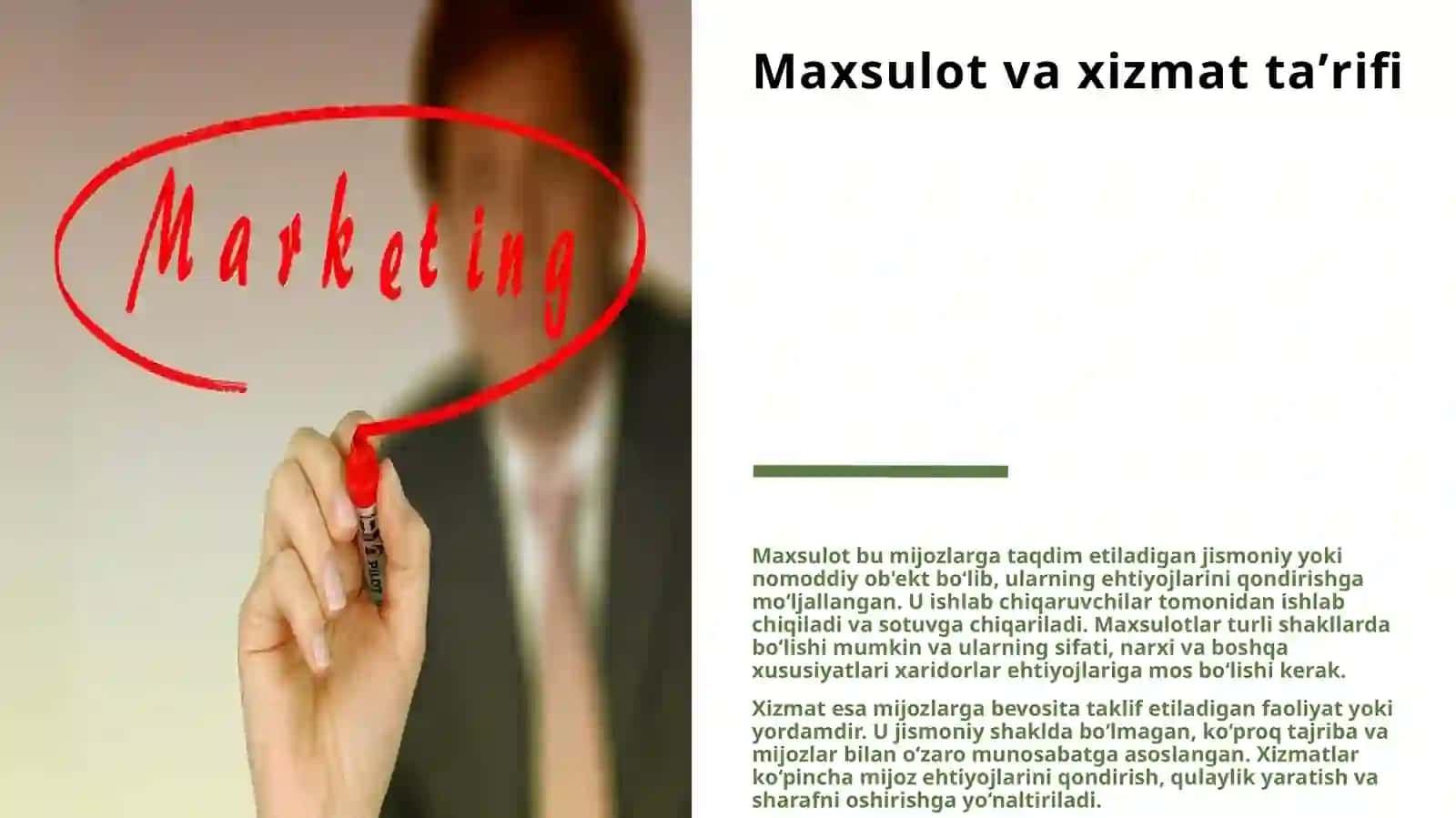 MAXSULOT YA'NI ISHI XIZMAT VA UNING SAVDOSIGA TASIR KO'RSATUVCHI OMILLAR 3